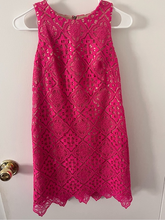 Eliza J Dresses & Skirts - Eliza J. Hot Pink Magenta Crochet Lace Overlay Sleeveless Dress Scalloped 0P